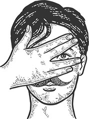 Drawing of a guy with a mustache covering face with hand and peeking through fingers